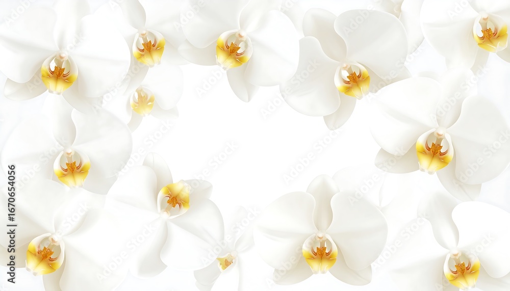 Fototapeta premium Delicate white orchids frame a pristine, empty space, showcasing a soft, elegant composition.