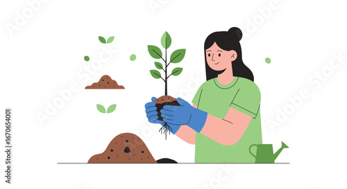 Young Woman Planting a Sprout, Sustainable Future Growth Illustration