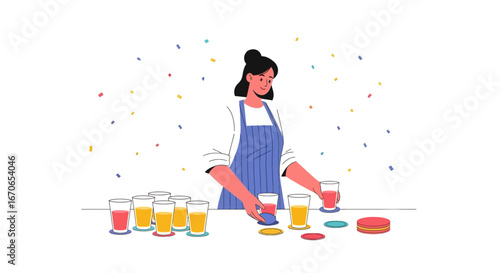 Young Woman Prepares Drinks and Coasters for a Festive Event Illustration