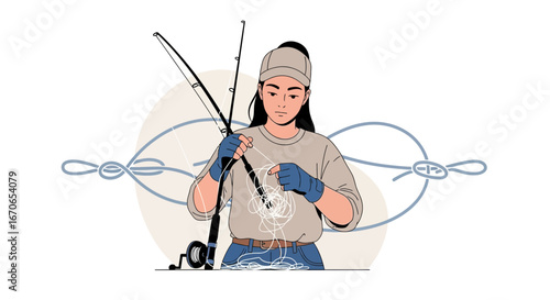 Young Woman Prepares Fishing Gear On Illustration Ready For Outdoor Adventures