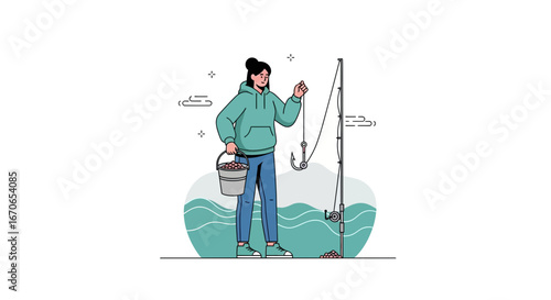 Young Woman Prepares Her Fishing Gear for Angling Adventure on Serene Waters