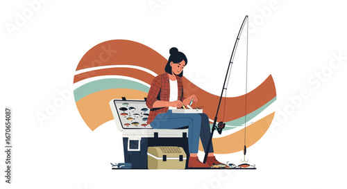 Young Woman Prepares Tackle Before Leisurely Fishing Experience In Summertime