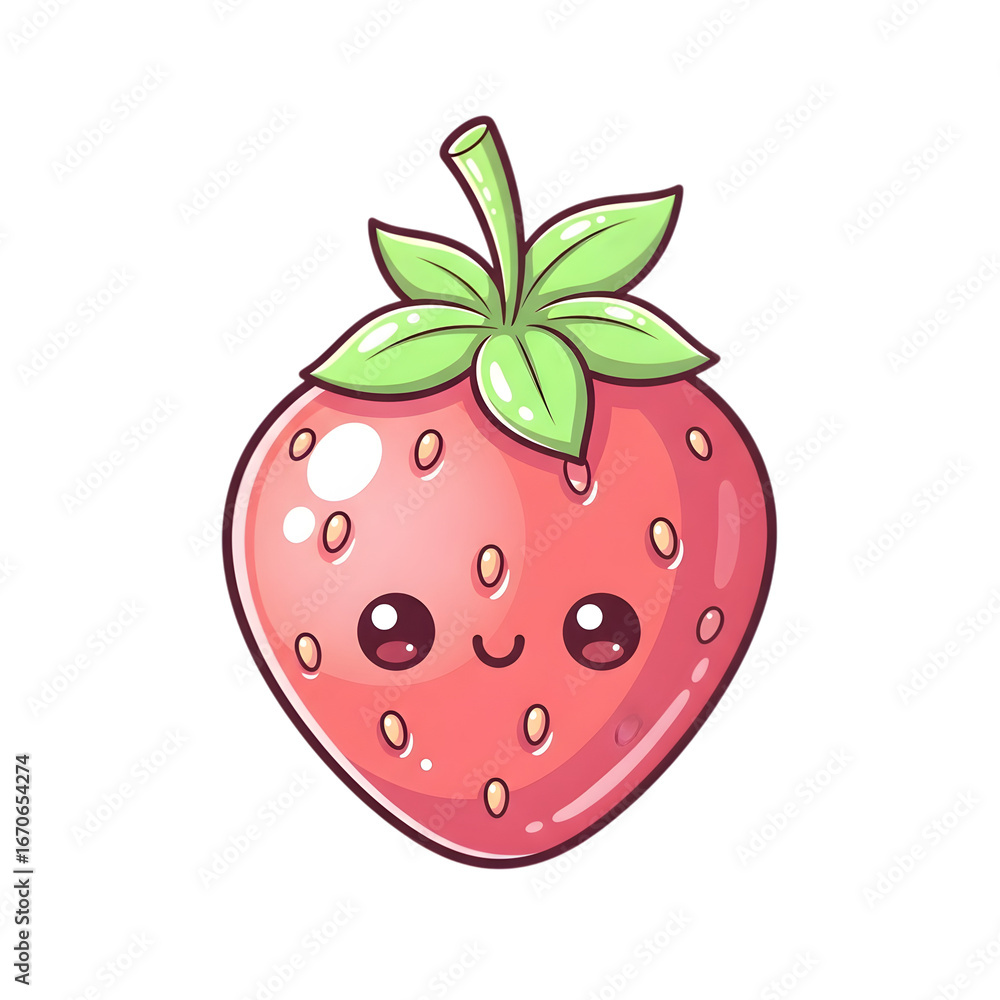 Obraz premium Adorable kawaii strawberry character with cute smiling face and green leaves perfect for fun designs transparent background