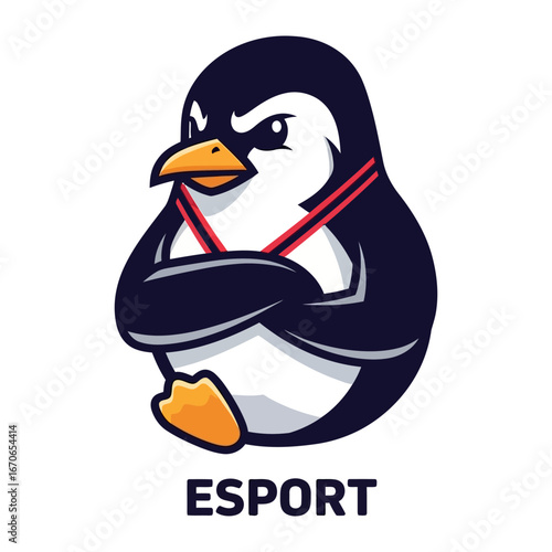 Esport Mascot: A determined penguin stands with folded arms, embodying the spirit of a strong ESports team. with a strong visual of competitive excellence 