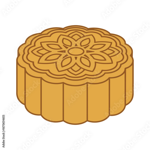 Vector art of a golden mooncake with an intricate floral pattern isolated on a white background