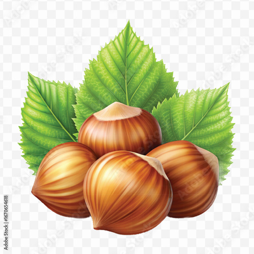 realistic 3d three hazelnuts with green leaves in different style isolated on transparent background