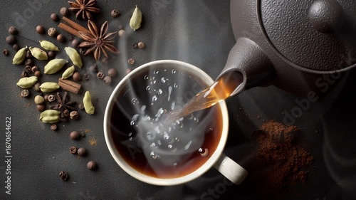 Pouring aromatic spiced tea into cup, creating a warm, inviting atmosphere for relaxing moments, a delicious and comforting beverage