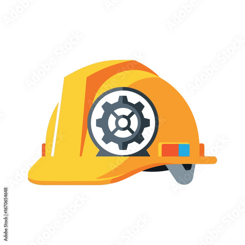 Vector art of a yellow construction hard hat with a gear symbol isolated on white