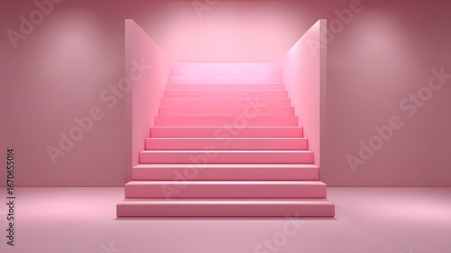 A minimalist, vibrant pink interior showcases a set of stairs with a gradient color effect.