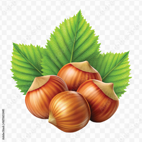 realistic 3d three hazelnuts with green leaves in different style isolated on transparent background
