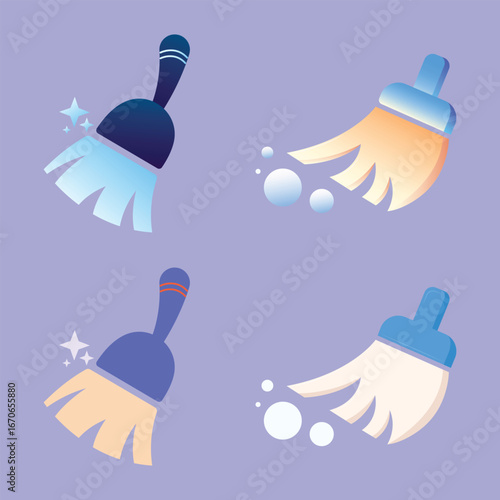 Digital cleaning brush vector pack for interface design. Cleaning brushes for modern app UI.