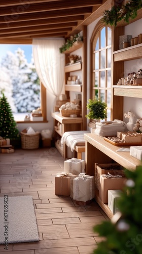 Santa's workshop, An elderly figure wraps presents surrounded by decorations and candles, creating a warm and inviting holiday atmosphere in a quaint room