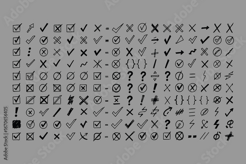 A comprehensive collection of hand drawn checkmarks crosses and various punctuation marks in black ink on a neutral gray background