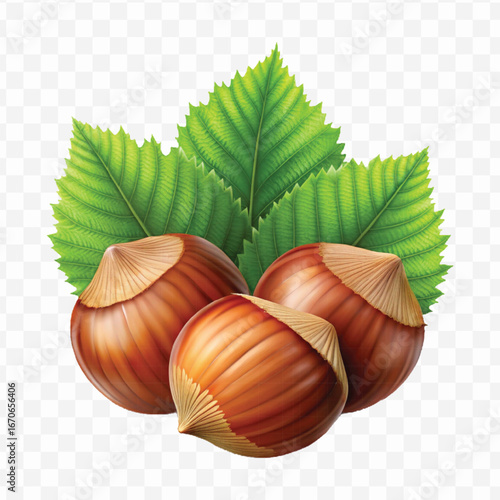 realistic 3d three hazelnuts with green leaves in different style isolated on transparent background