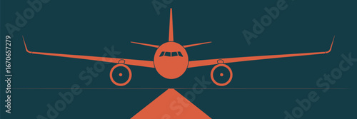 An orange airplane facing forward with a runway on a dark teal background in a simple graphic design style
