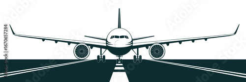 A front view of a stylized airplane on a runway with a white background aviation illustration design