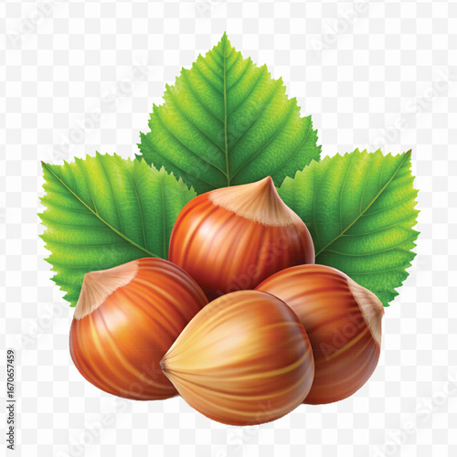 realistic 3d three hazelnuts with green leaves in different style isolated on transparent background