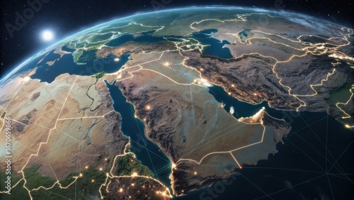 Earth from space showing middle east and africa with glowing city lights at night