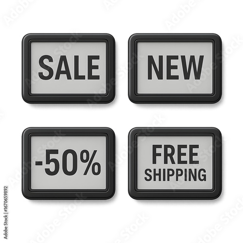E-ink electronic shelf label 3D rendering promotion badge set of four on transparent background, grayscale ESL screens with SALE NEW 50% OFF and FREE SHIPPING for ecommerce UI UX minimalist design (1)