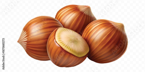 realistic 3d three hazelnuts with green leaves in different style isolated on transparent background