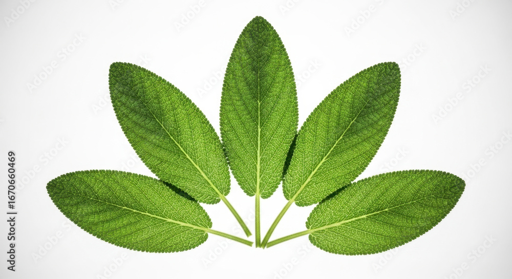 Naklejka premium Fresh green sage leaves arranged fanlike against a clean white background illustrating nature and natural health