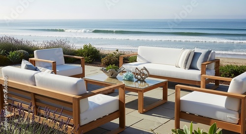 Outdoor seating arrangement with ocean view creating a relaxing and comfortable setting