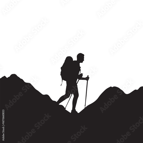 Silhouette of Hiker with Backpack and Trekking Poles on Mountain