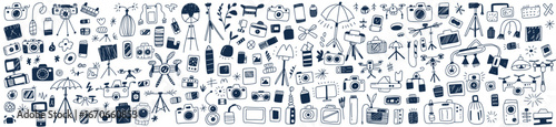Dense dark-blue seamless background of outlined technology icons, showing a range of devices and gadgets, cameras, laptops, smartphones, tablets, wearables, and circuitry motifs