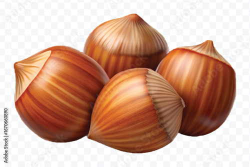 realistic 3d three hazelnuts with green leaves in different style isolated on transparent background