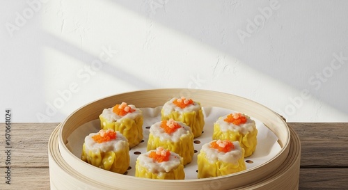 Delicious steamed dim sum dumplings presented in a bamboo steamer on a wooden table