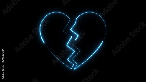 Glowing neon broken heart shape electric blue light on black background symbolizing heartbreak sadness breakup loss