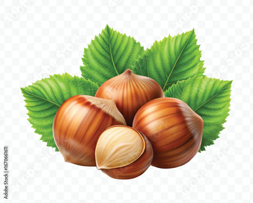 realistic 3d three hazelnuts with green leaves in different style isolated on transparent background
