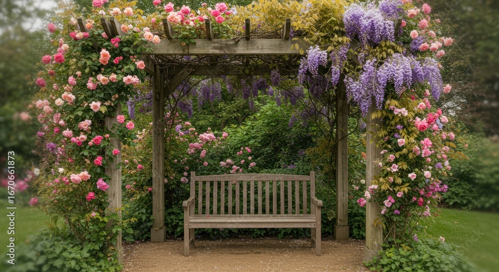 Obraz premium Secluded Bench Under Floral Archway A Serene Garden Scene