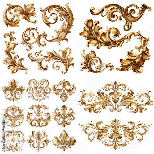 Luxury golden baroque ornament set with floral swirls, flourishes, and decorative elements, perfect for vintage design, classic frames, and royal patterns.