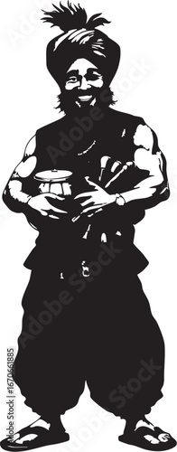 A man in a turban holding a dholak.

