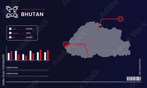 Square dot map of Bhutan with infographic layout template