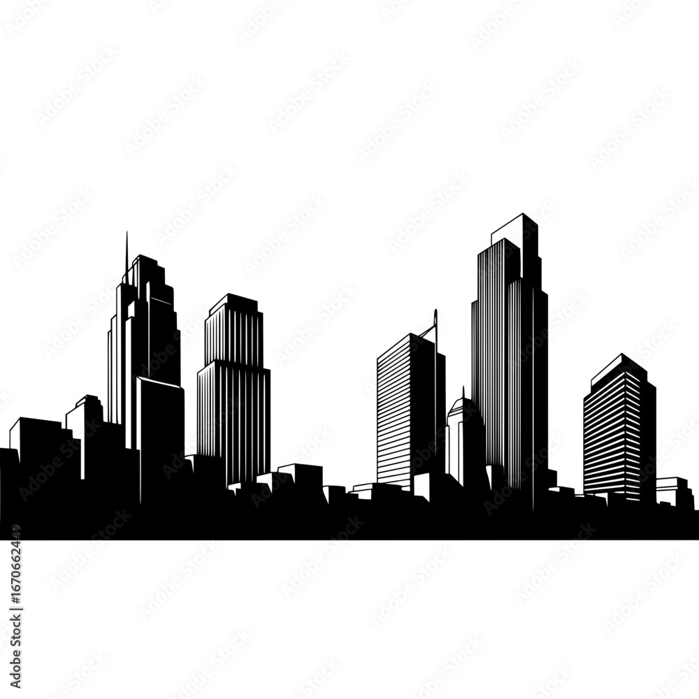 Fototapeta premium Black and white cityscape skyline silhouette vector illustration of urban buildings and modern architecture design