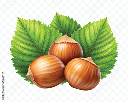 realistic 3d three hazelnuts with green leaves in different style isolated on transparent background