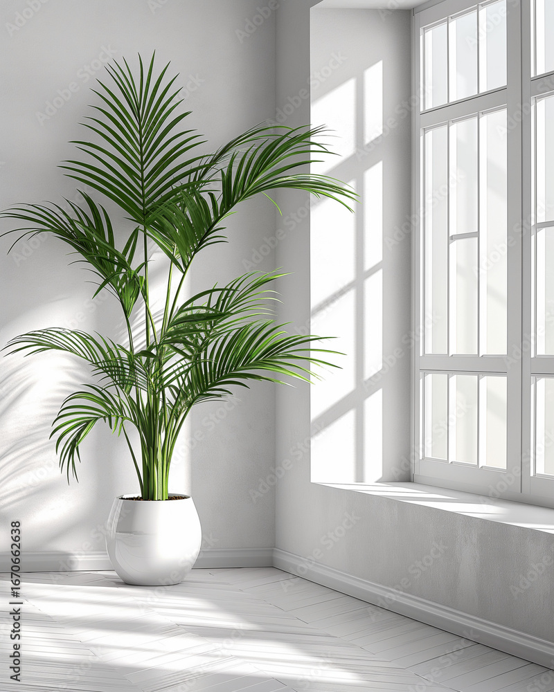Fototapeta premium Green palm plant in white minimalist interior