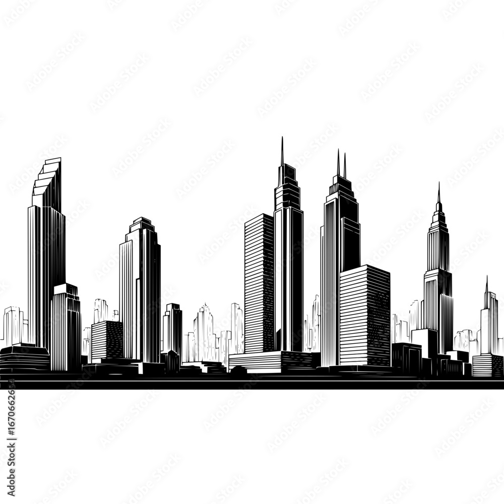 Fototapeta premium Cityscape skyline buildings architecture urban city silhouette skyscraper downtown illustration vector art drawing