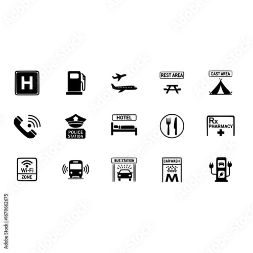 Map location icon set with hospital gas station airplane rest area cast area hotel and wifi zone icons