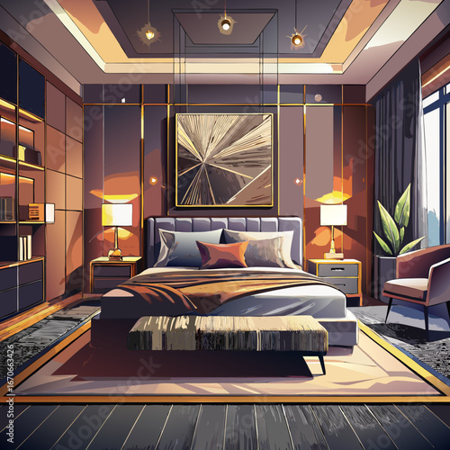Luxurious modern bedroom with warm lighting and elegant decor