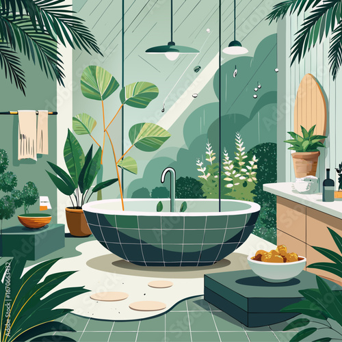 Modern bathroom with a freestanding bathtub and lush indoor plants