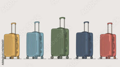 Five colorful suitcases standing in a row with handles extended on a light background illustration