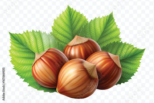 realistic 3d three hazelnuts with green leaves in different style isolated on transparent background