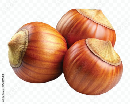 realistic 3d three hazelnuts with green leaves in different style isolated on transparent background