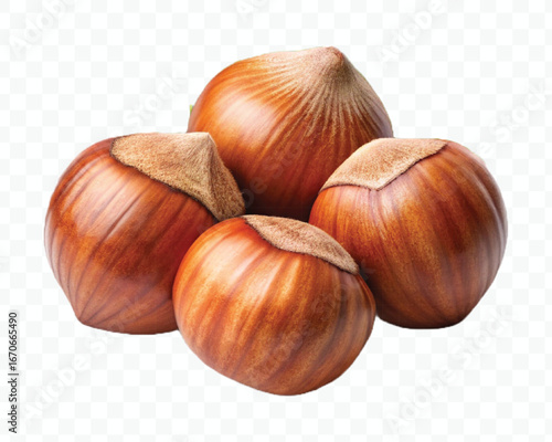 realistic 3d three hazelnuts with green leaves in different style isolated on transparent background