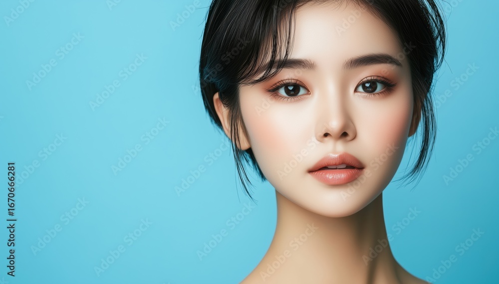 Naklejka premium Stunning Short-Haired Asian Woman Model With Fresh Skin And Natural Makeup On Blue Background. Focus On Face Care, Cosmetology, And Beauty. Portrait Of A Woman At A Spa.