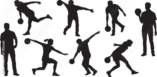 Silhouette of basketball player in different on white background