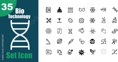 Set of 35 biotechnology icons including DNA, lab equipment, and scientific symbols